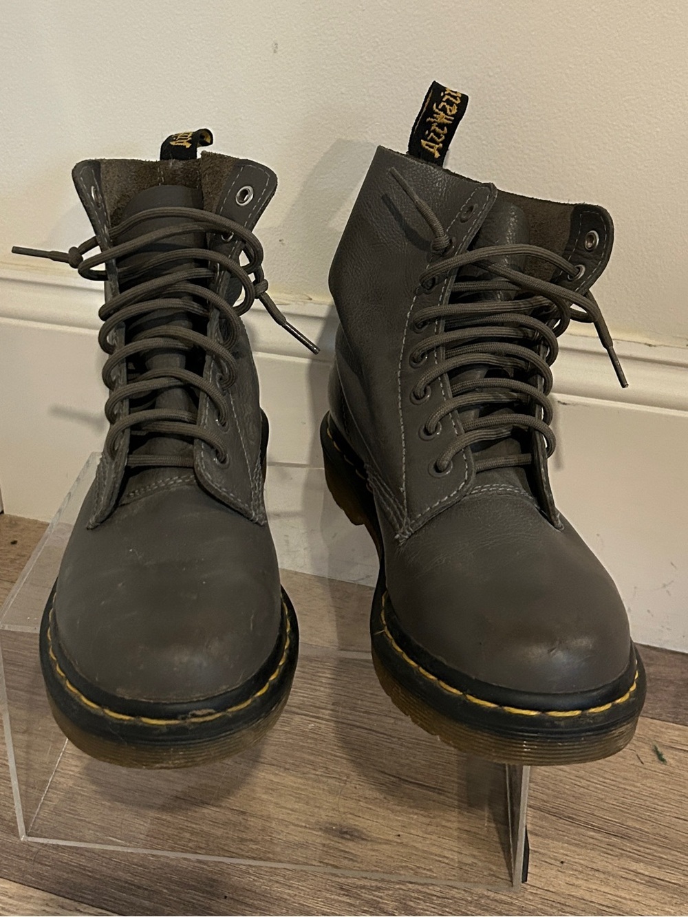 Dr. Martens Gray Leather Lace-Up Boots with Yellow Stitching